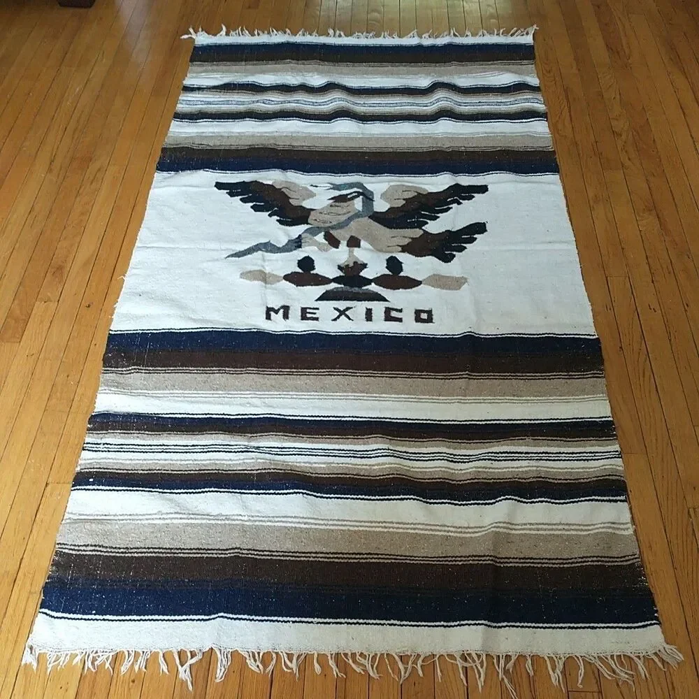 Vtg Mexican Serape Woven Wool Blanket Rug Tapestry Fringes Brown Bird Snake